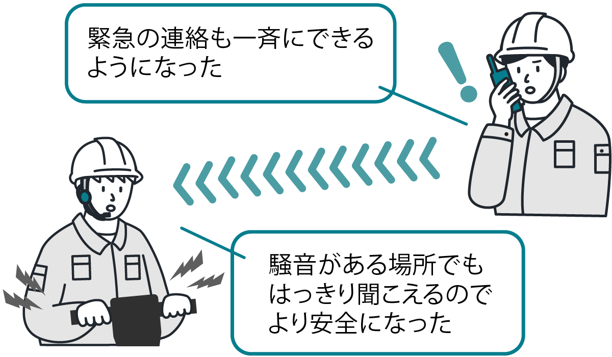 緊急の連絡も一斉にできるようになった、騒音がある場所でもはっきり聞こえるので、より安全になった