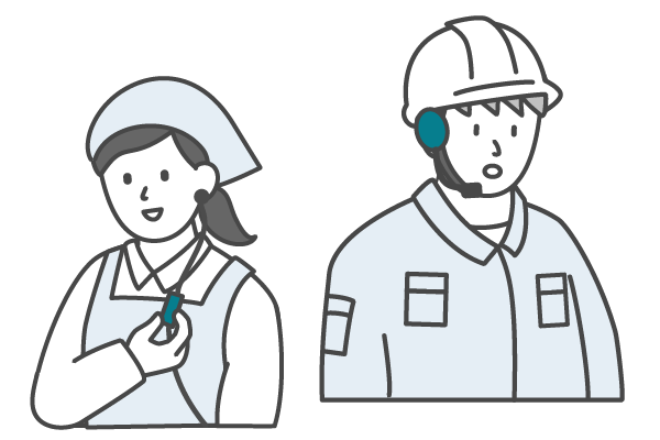 飲食店のスタッフの女性と建設作業員の男性がインカムを使用するイラスト